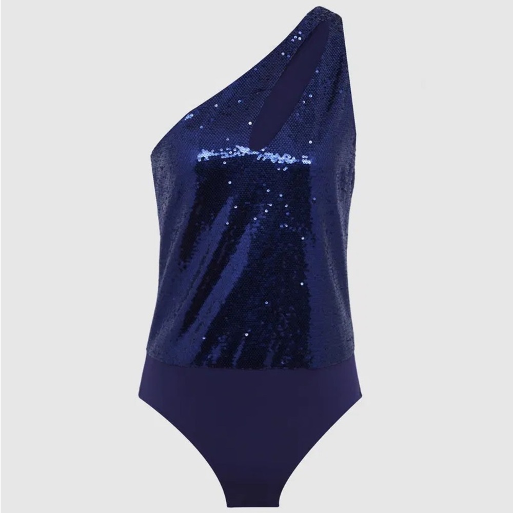 Reiss Navy Scarlette One Shoulder Sequin Bodysuit style summer party casual